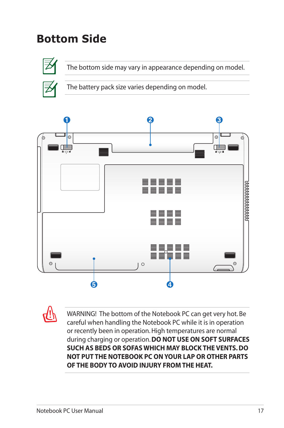 Bottom side | Asus R700VM User Manual | Page 17 / 116