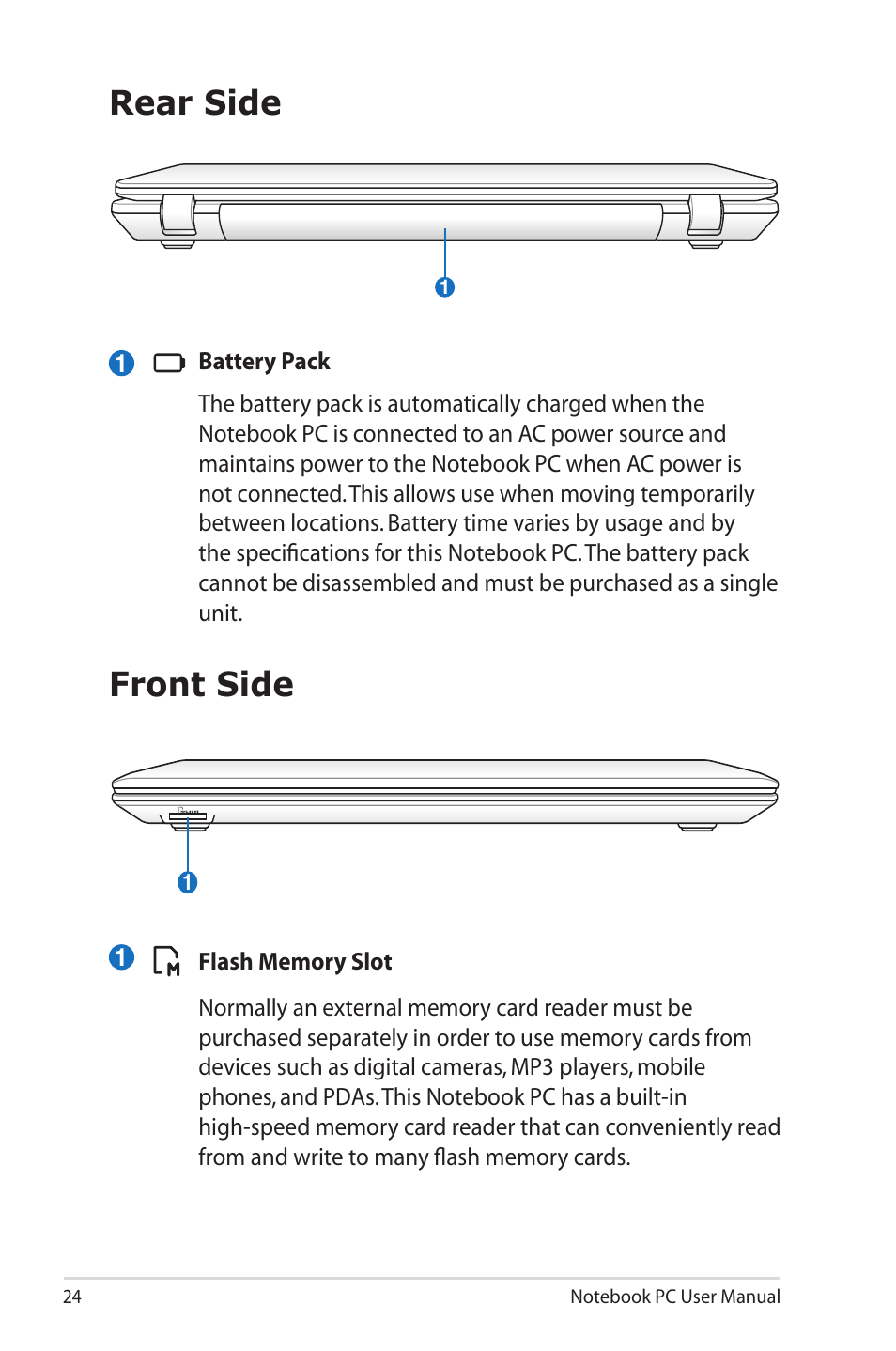 Rear side, Front side, Rear side front side | Asus R700VM User Manual | Page 24 / 116