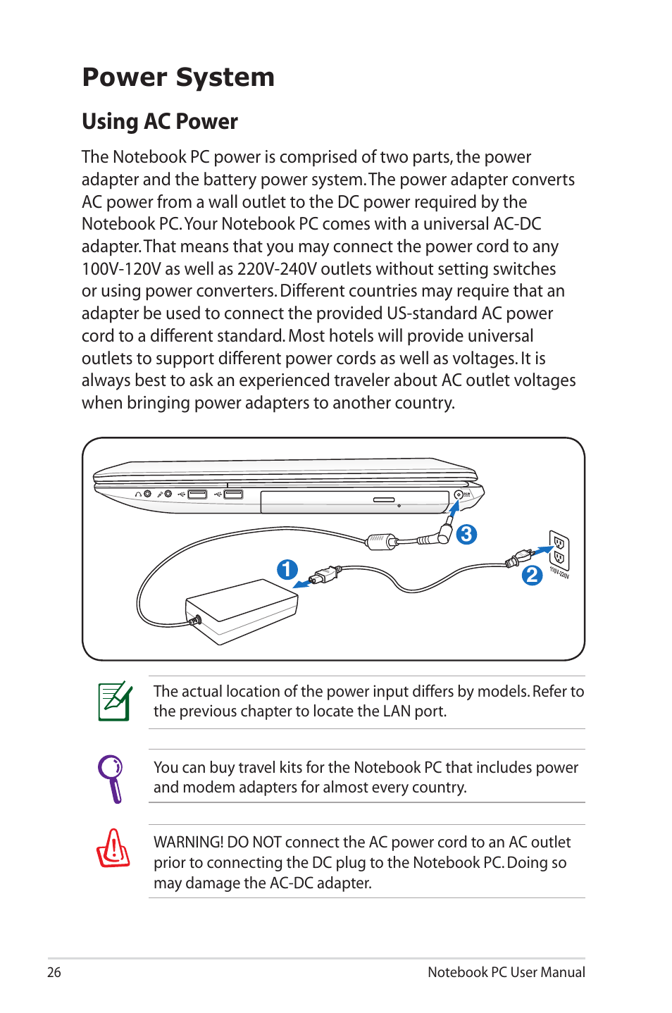 Power system, Using ac power | Asus R700VM User Manual | Page 26 / 116