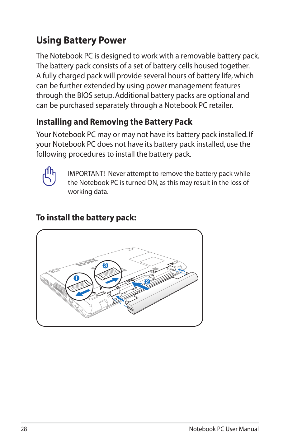 Using battery power, Installing and removing the battery pack | Asus R700VM User Manual | Page 28 / 116