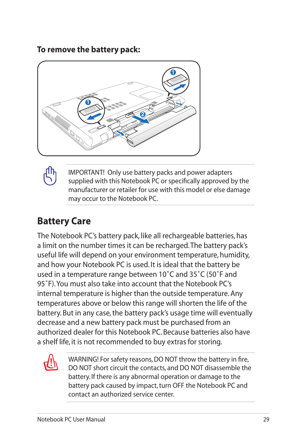 Battery care | Asus R700VM User Manual | Page 29 / 116