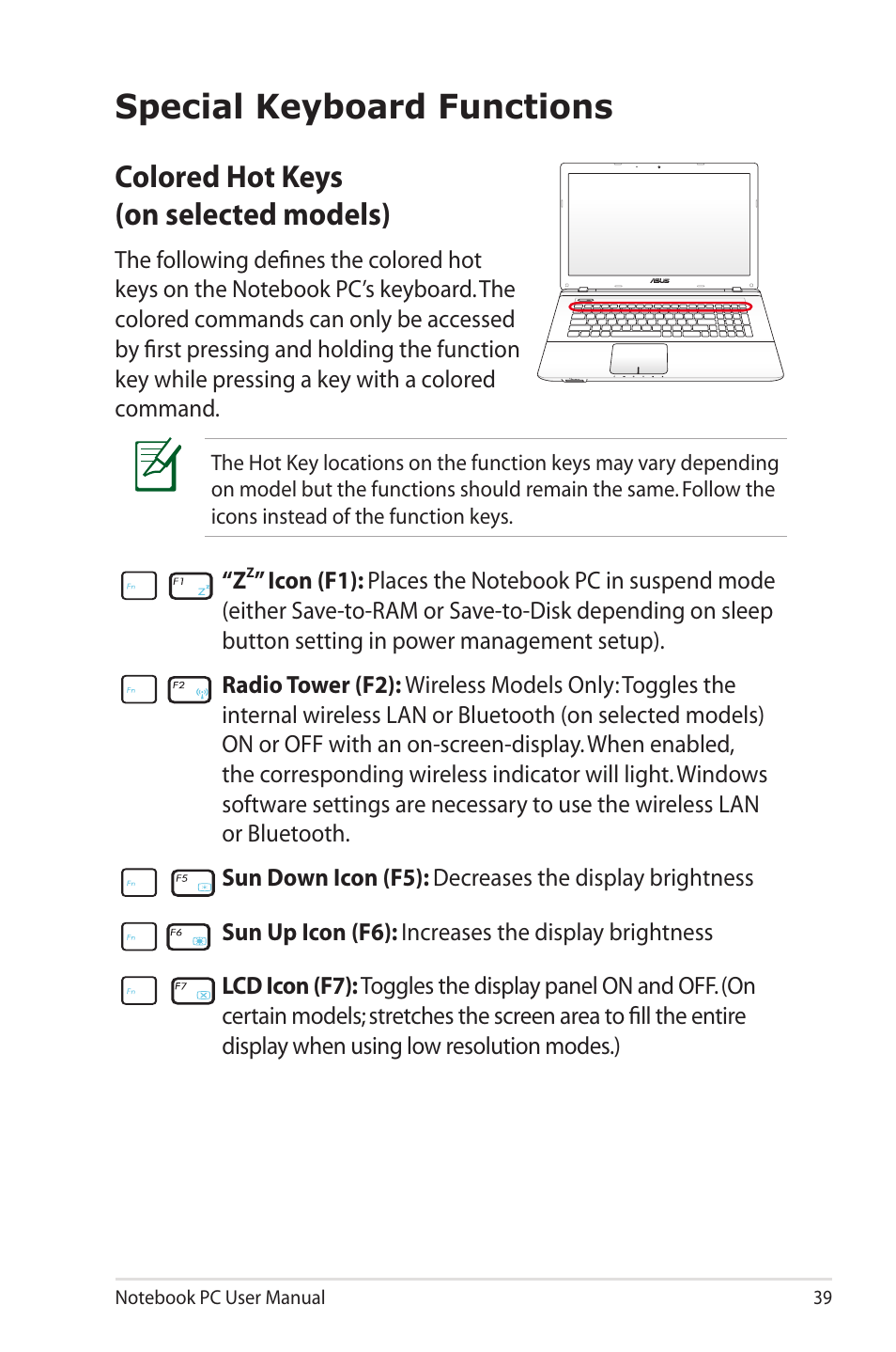 Special keyboard functions, Colored hot keys (on selected models) | Asus R700VM User Manual | Page 39 / 116
