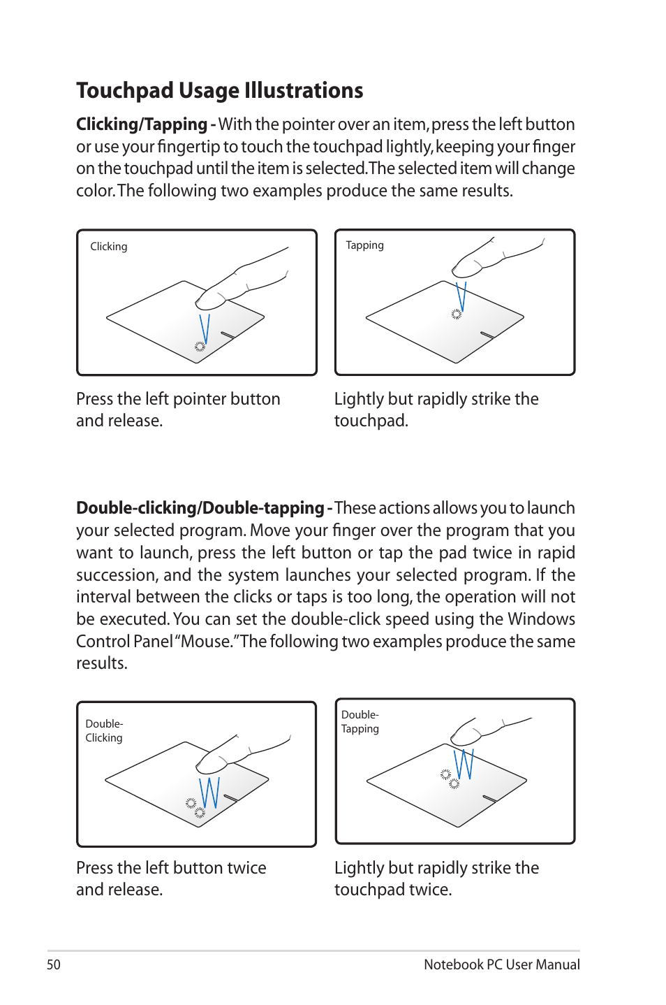 Touchpad usage illustrations | Asus R700VM User Manual | Page 50 / 116