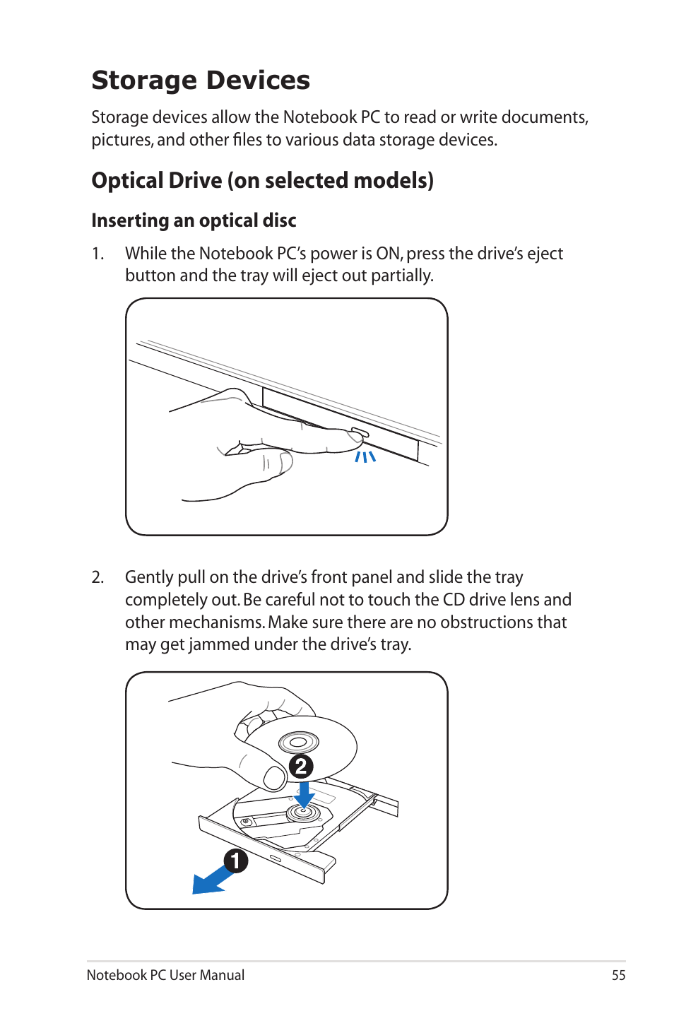 Storage devices, Optical drive (on selected models) | Asus R700VM User Manual | Page 55 / 116