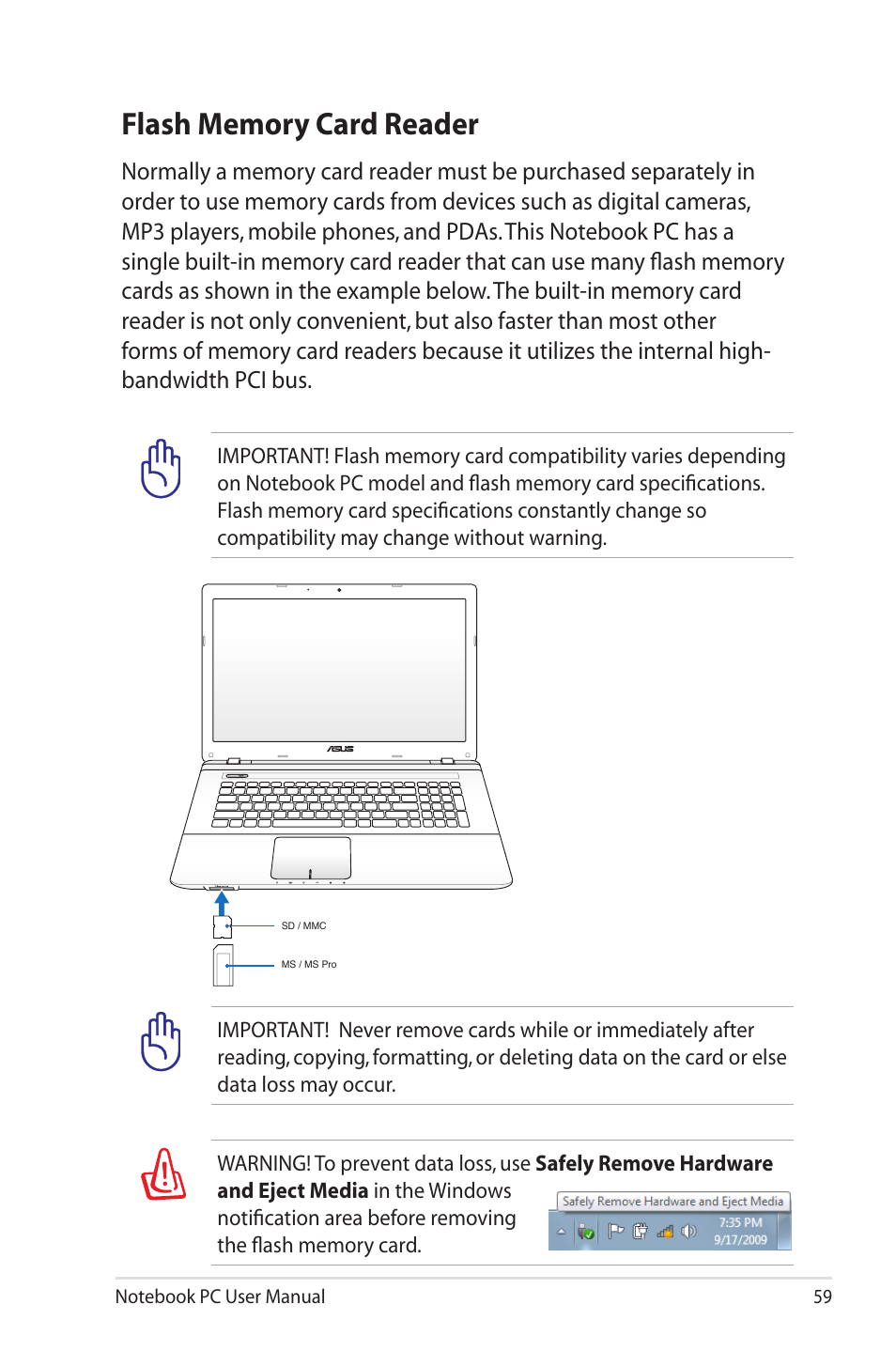 Flash memory card reader | Asus R700VM User Manual | Page 59 / 116