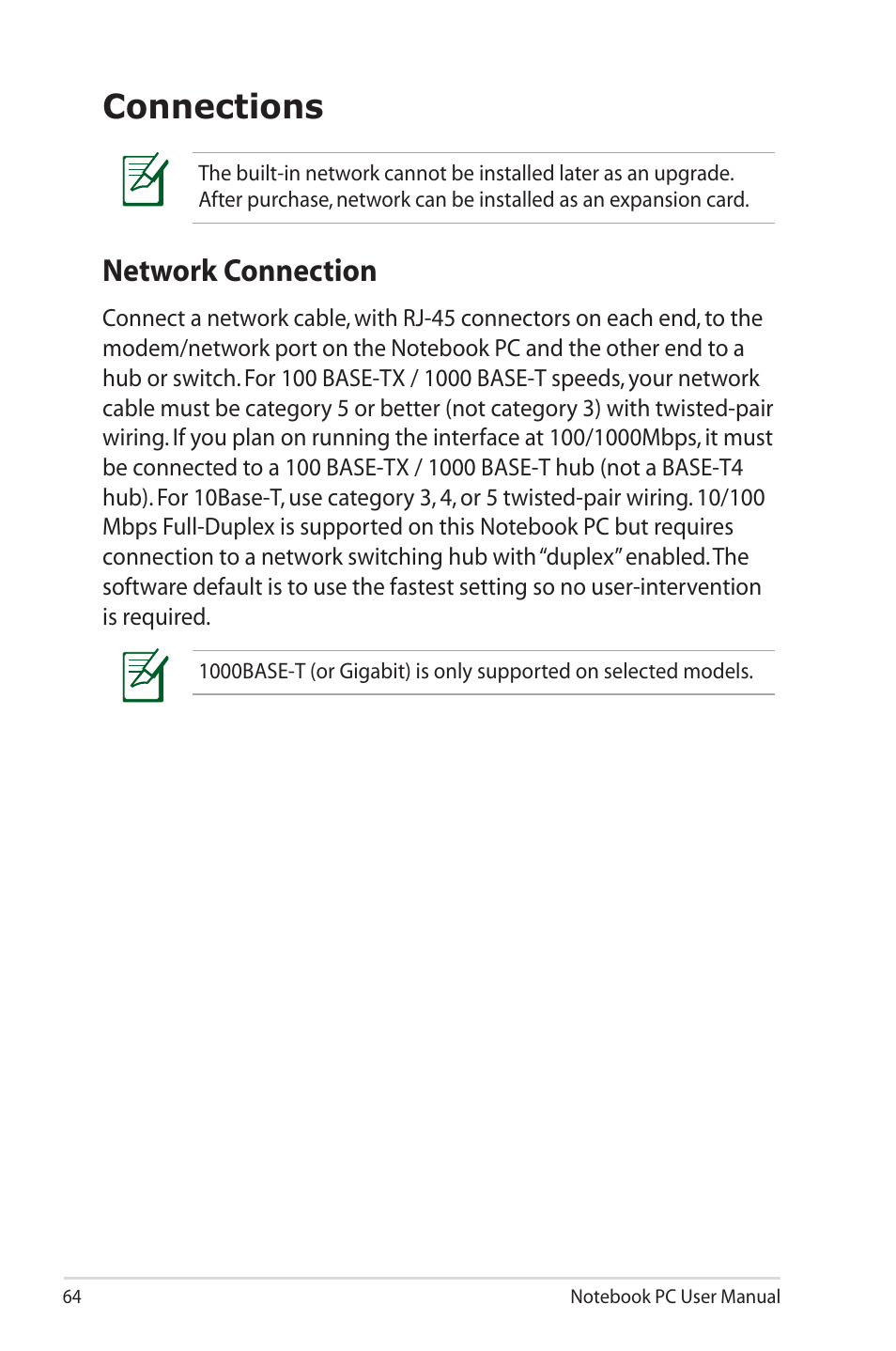 Connections, Network connection | Asus R700VM User Manual | Page 64 / 116