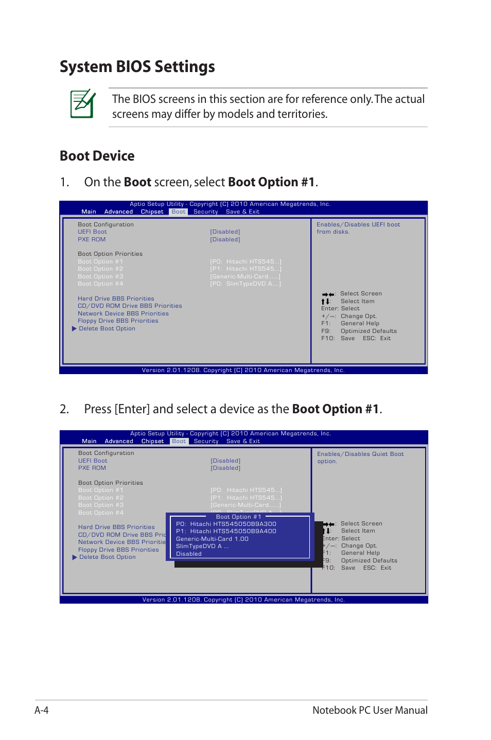 System bios settings, Boot device, On the boot screen, select boot option #1 | Asus R700VM User Manual | Page 76 / 116