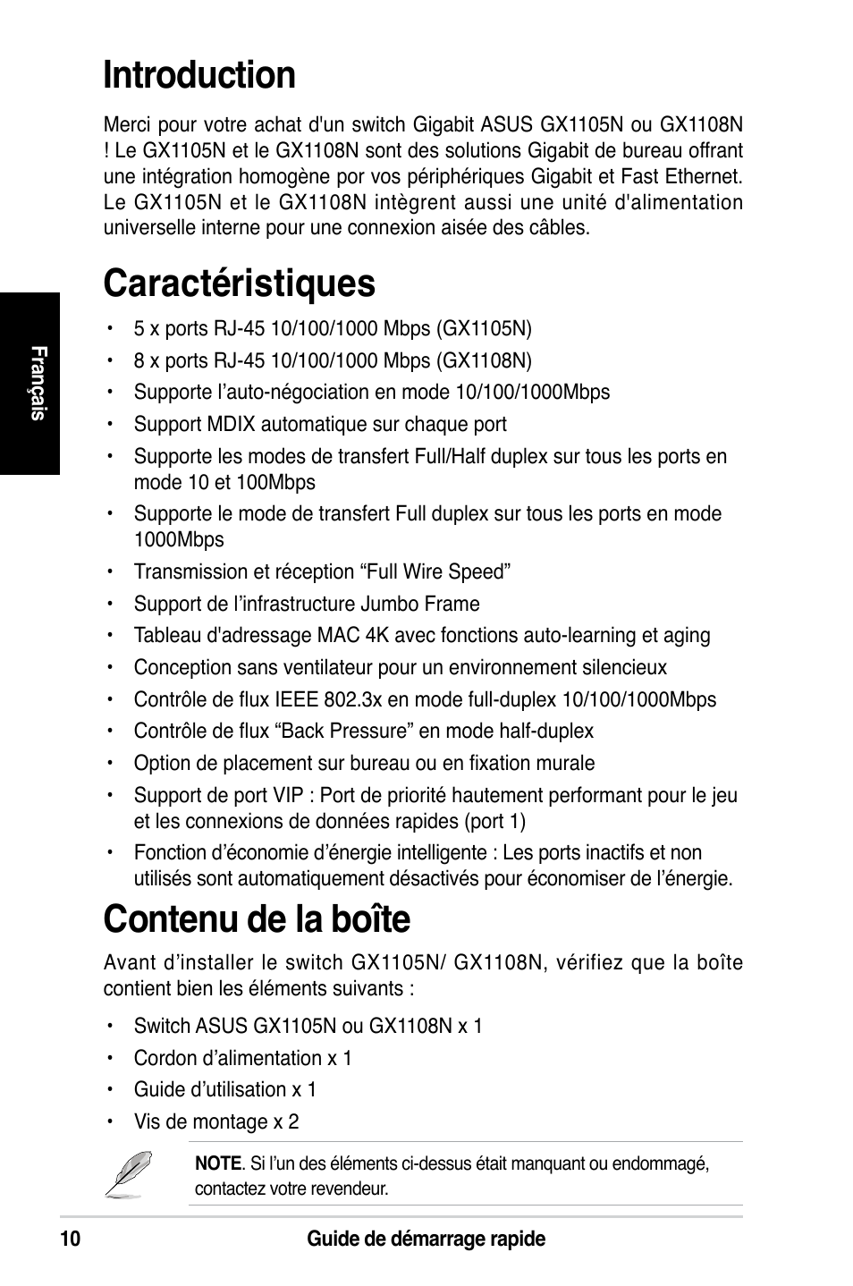 Introduction, Caractéristiques, Contenu de la boîte | Asus GX1108N User Manual | Page 11 / 145
