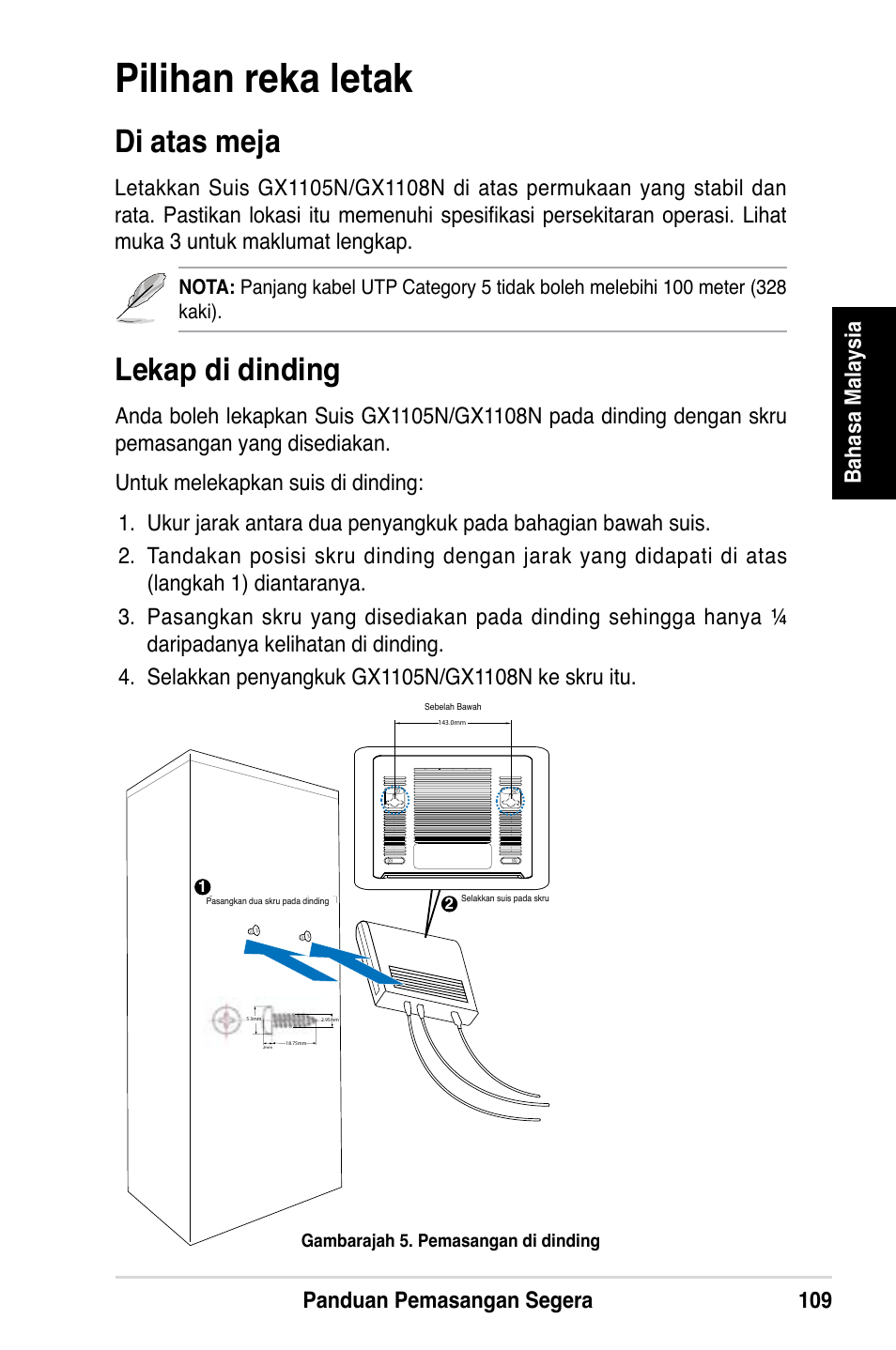 Pilihan reka letak, Di atas meja, Lekap di dinding | Panduan pemasangan segera 109 bahasa malaysia | Asus GX1108N User Manual | Page 110 / 145