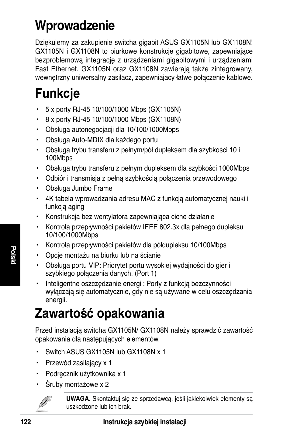 Wprowadzenie, Funkcje, Zawartość opakowania | Asus GX1108N User Manual | Page 123 / 145