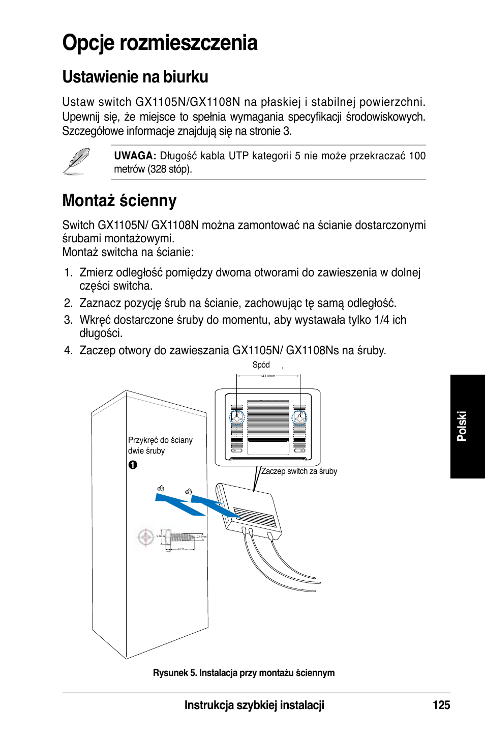 Opcje rozmieszczenia, Ustawienie na biurku, Montaż ścienny | Instrukcja szybkiej instalacji 125 po lsk i | Asus GX1108N User Manual | Page 126 / 145
