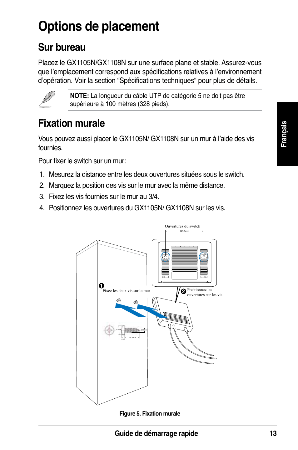 Options de placement, Sur bureau, Fixation murale | Guide de démarrage rapide 1 fr an ça is | Asus GX1108N User Manual | Page 14 / 145