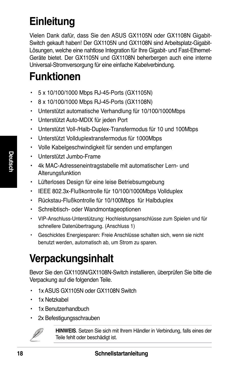 Einleitung, Funktionen, Verpackungsinhalt | Asus GX1108N User Manual | Page 19 / 145