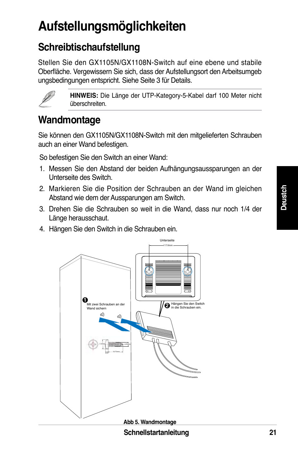 Aufstellungsmöglichkeiten, Schreibtischaufstellung, Wandmontage | Schnellstartanleitung 21 de us tc h | Asus GX1108N User Manual | Page 22 / 145