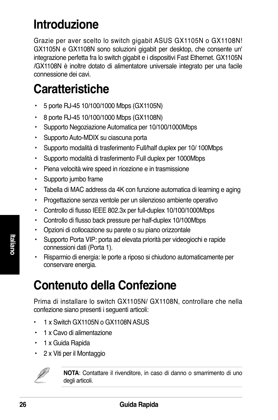 Introduzione, Caratteristiche, Contenuto della confezione | Asus GX1108N User Manual | Page 27 / 145