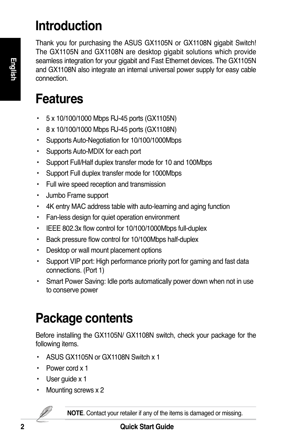 Introduction, Features, Package contents | Asus GX1108N User Manual | Page 3 / 145