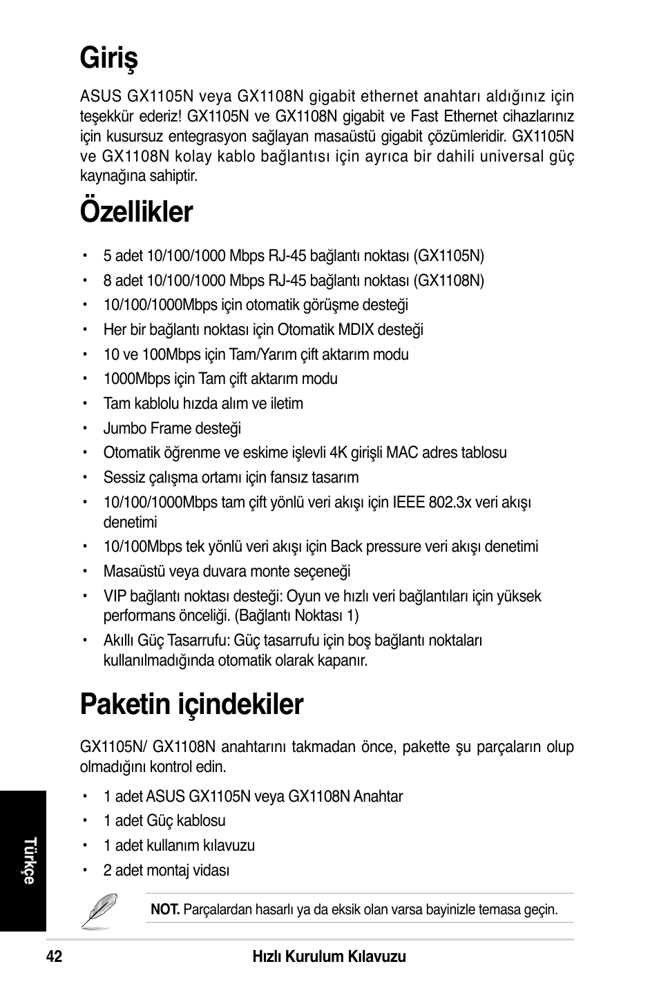 Giriş, Özellikler, Paketin içindekiler | Asus GX1108N User Manual | Page 43 / 145