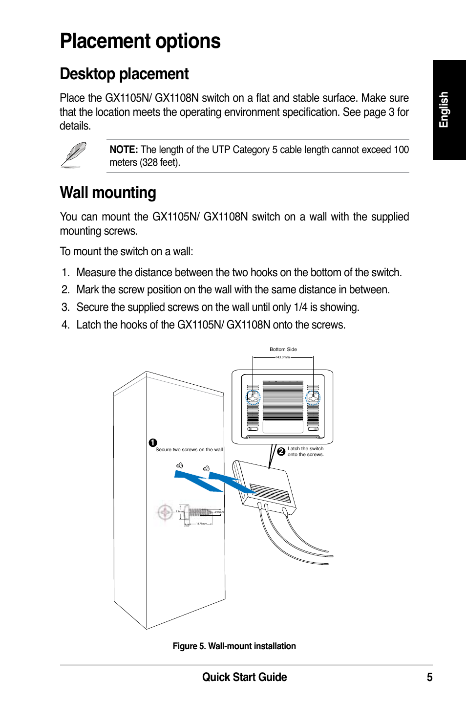 Placement options, Desktop placement, Wall mounting | Quick start guide 5 en gl ish | Asus GX1108N User Manual | Page 6 / 145