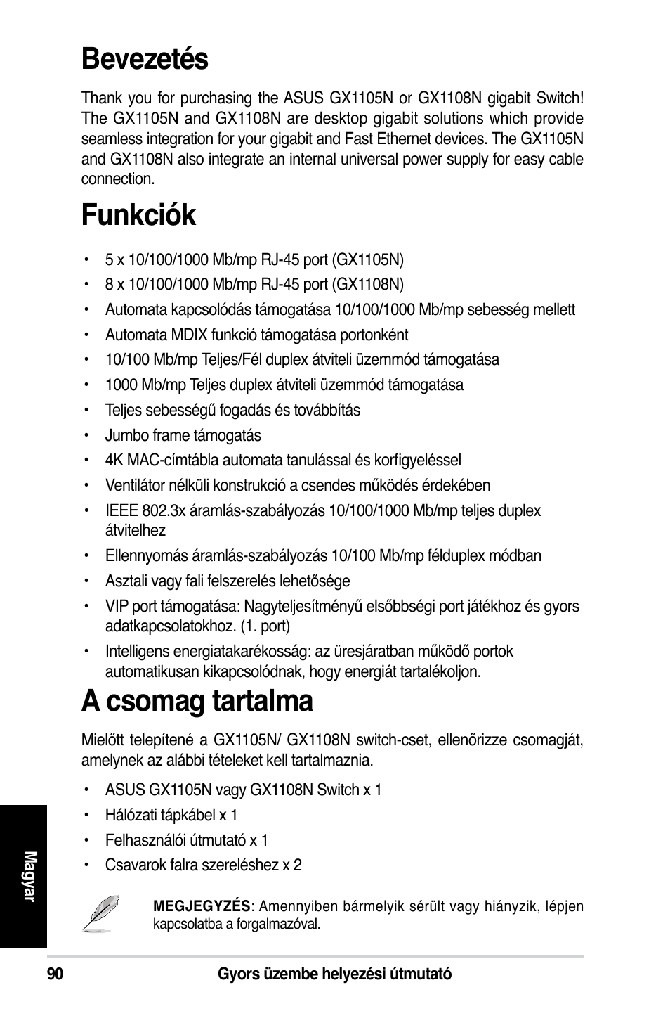 Bevezetés, Funkciók, A csomag tartalma | Asus GX1108N User Manual | Page 91 / 145