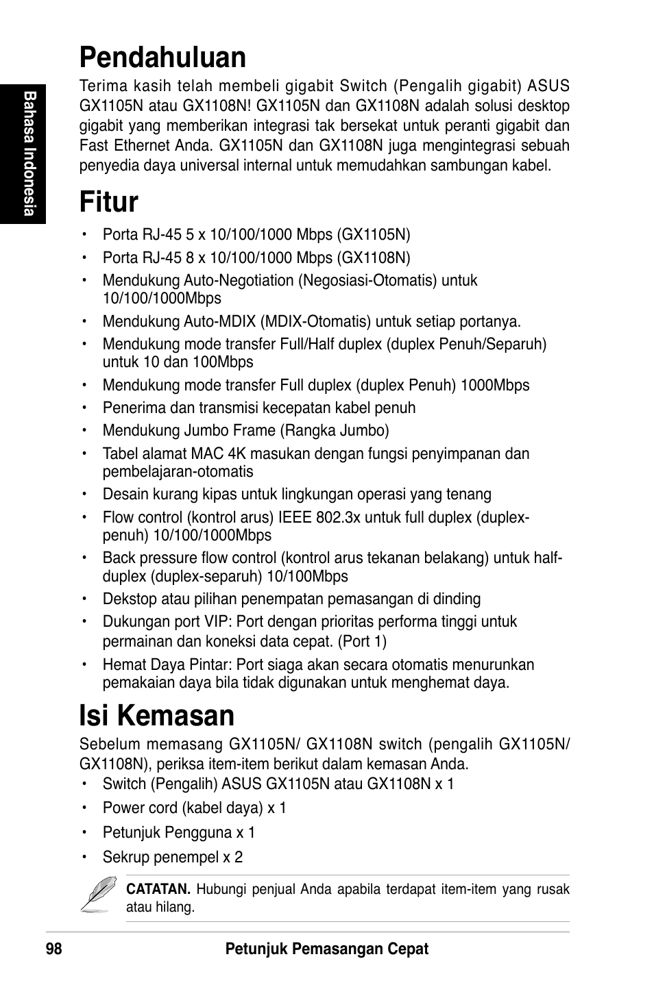 Pendahuluan, Fitur, Isi kemasan | Asus GX1108N User Manual | Page 99 / 145