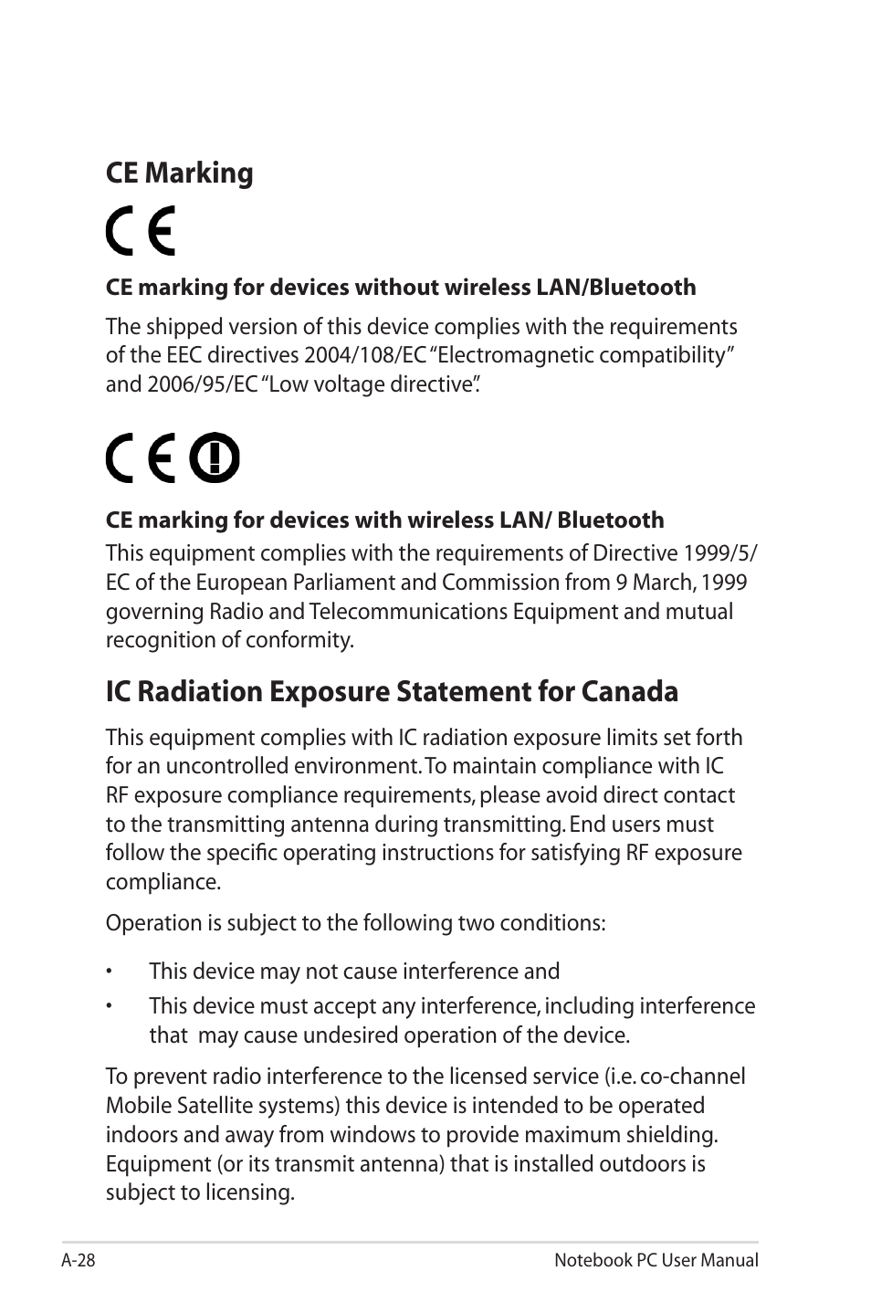 Ce marking, Ic radiation exposure statement for canada | Asus X45A User Manual | Page 100 / 116