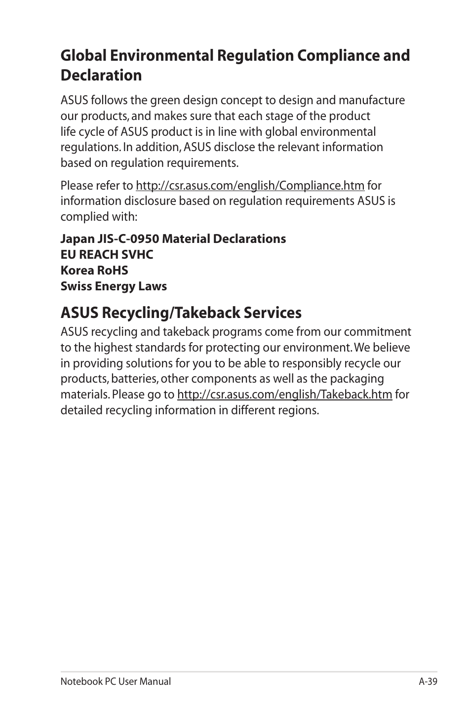 Asus recycling/takeback services, Global environmental regulation compliance and | Asus X45A User Manual | Page 111 / 116