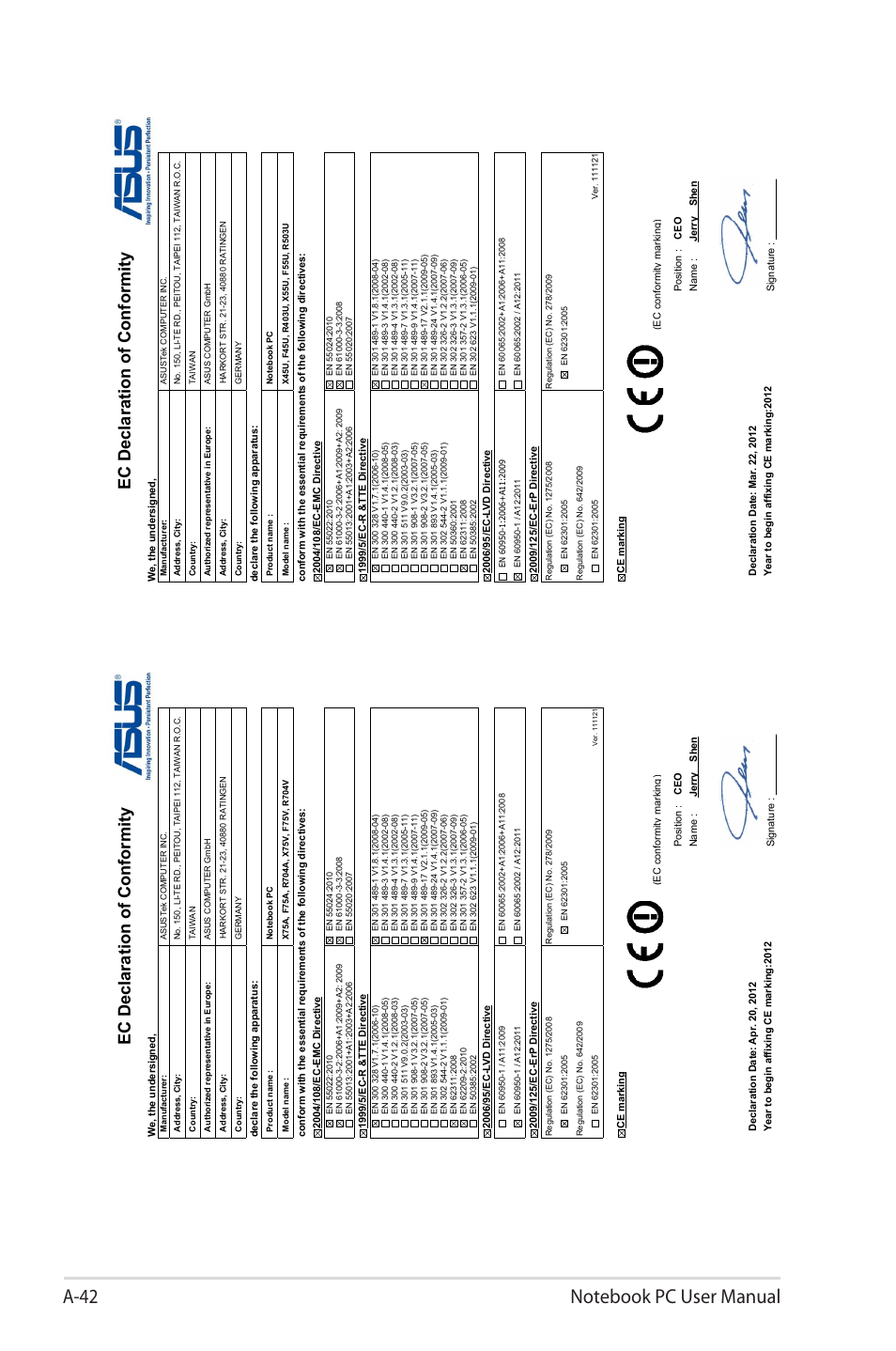 Ec declaration of conformity | Asus X45A User Manual | Page 114 / 116