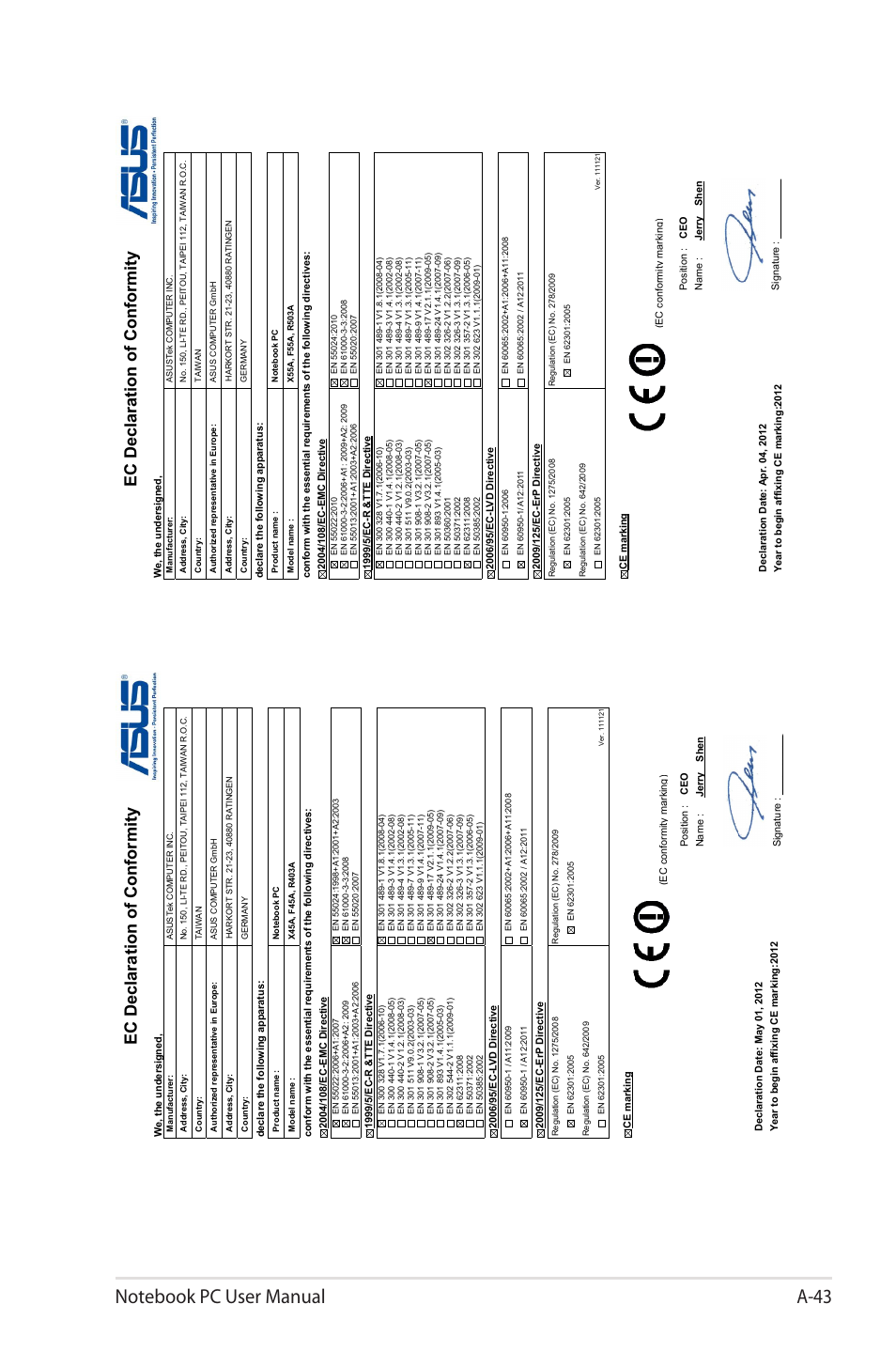 Ec declaration of conformity | Asus X45A User Manual | Page 115 / 116