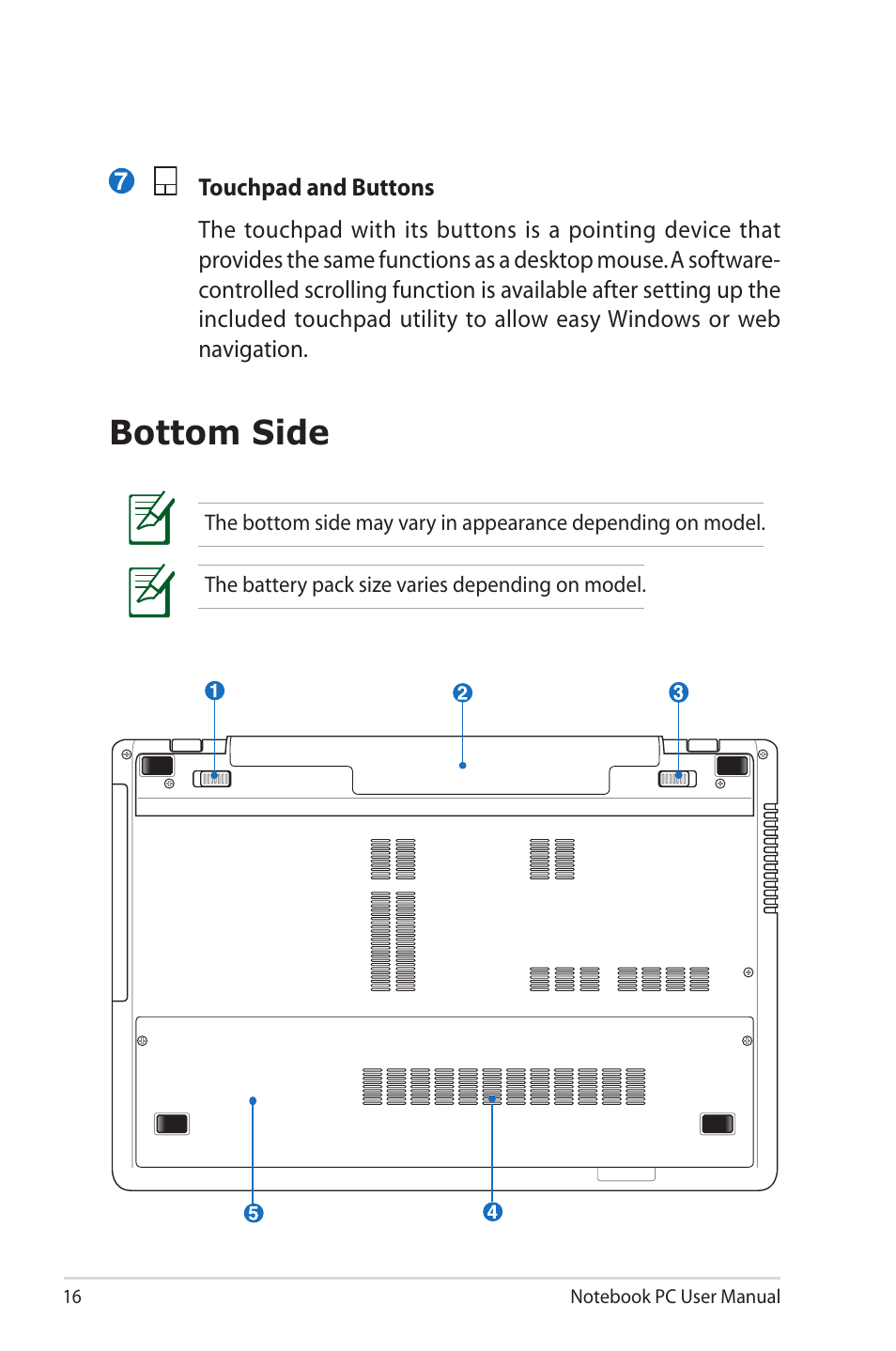 Bottom side | Asus X45A User Manual | Page 16 / 116