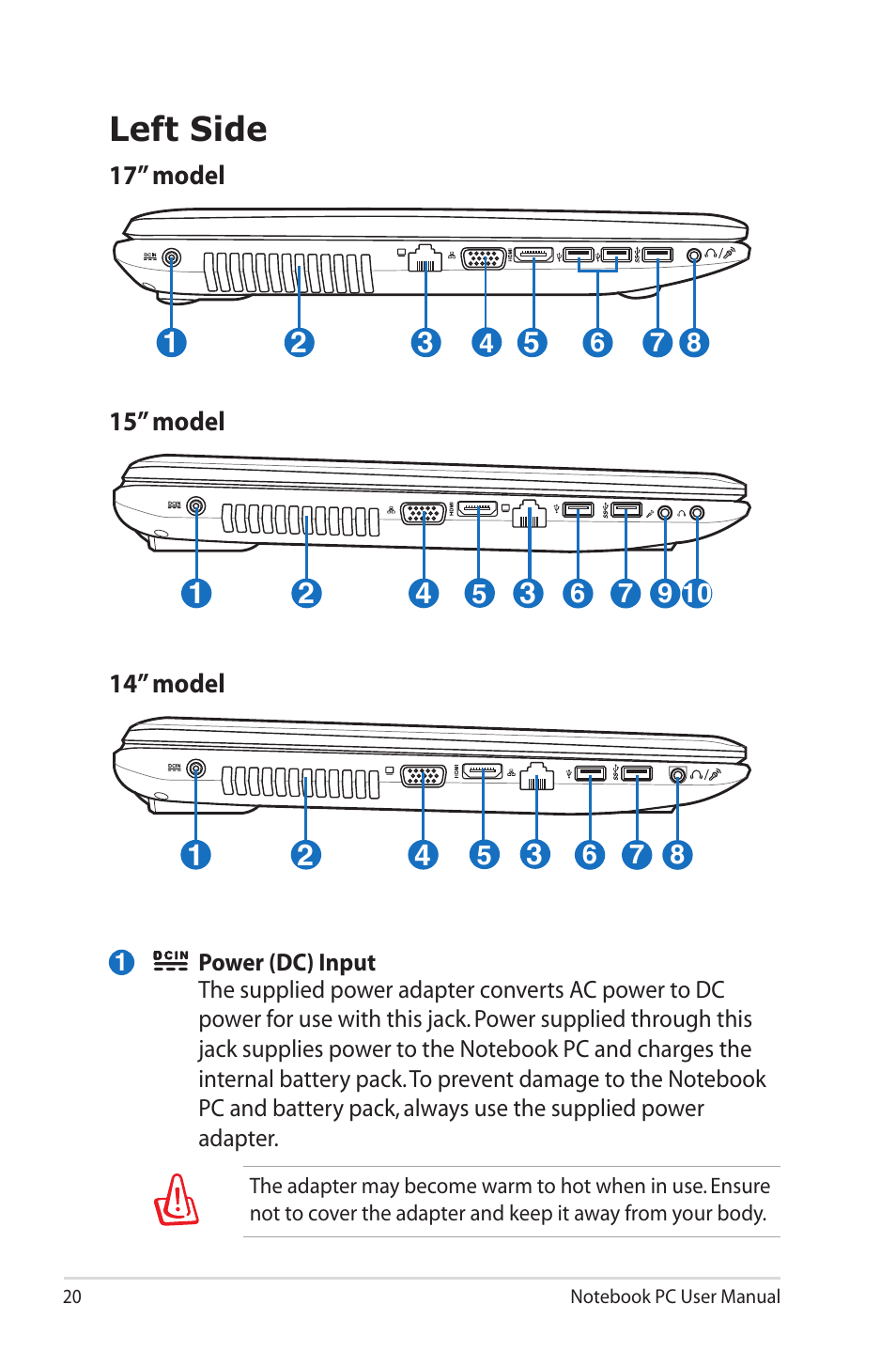 Left side | Asus X45A User Manual | Page 20 / 116