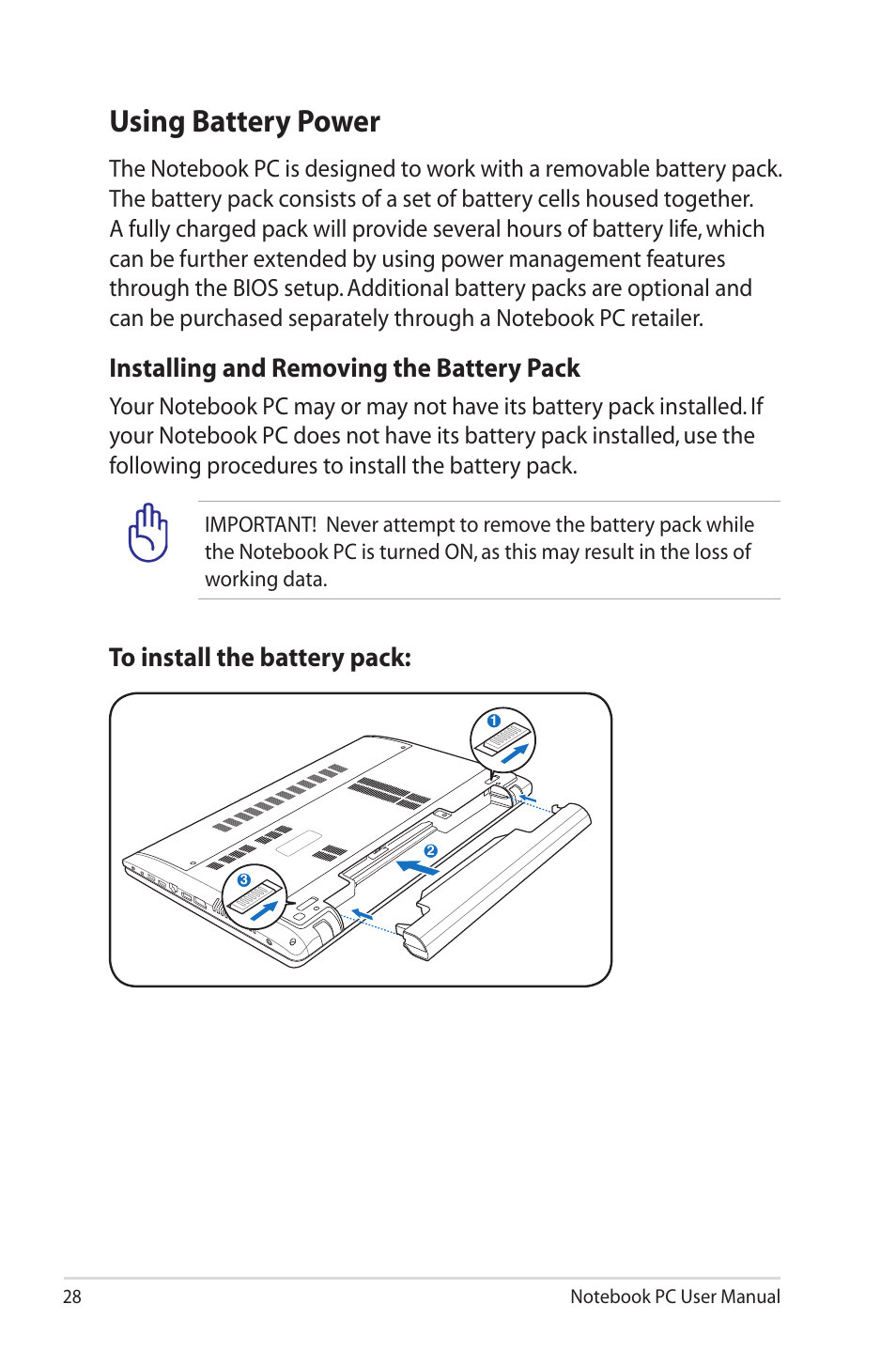 Using battery power, Installing and removing the battery pack | Asus X45A User Manual | Page 28 / 116