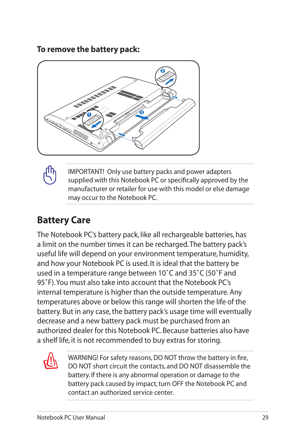 Battery care | Asus X45A User Manual | Page 29 / 116