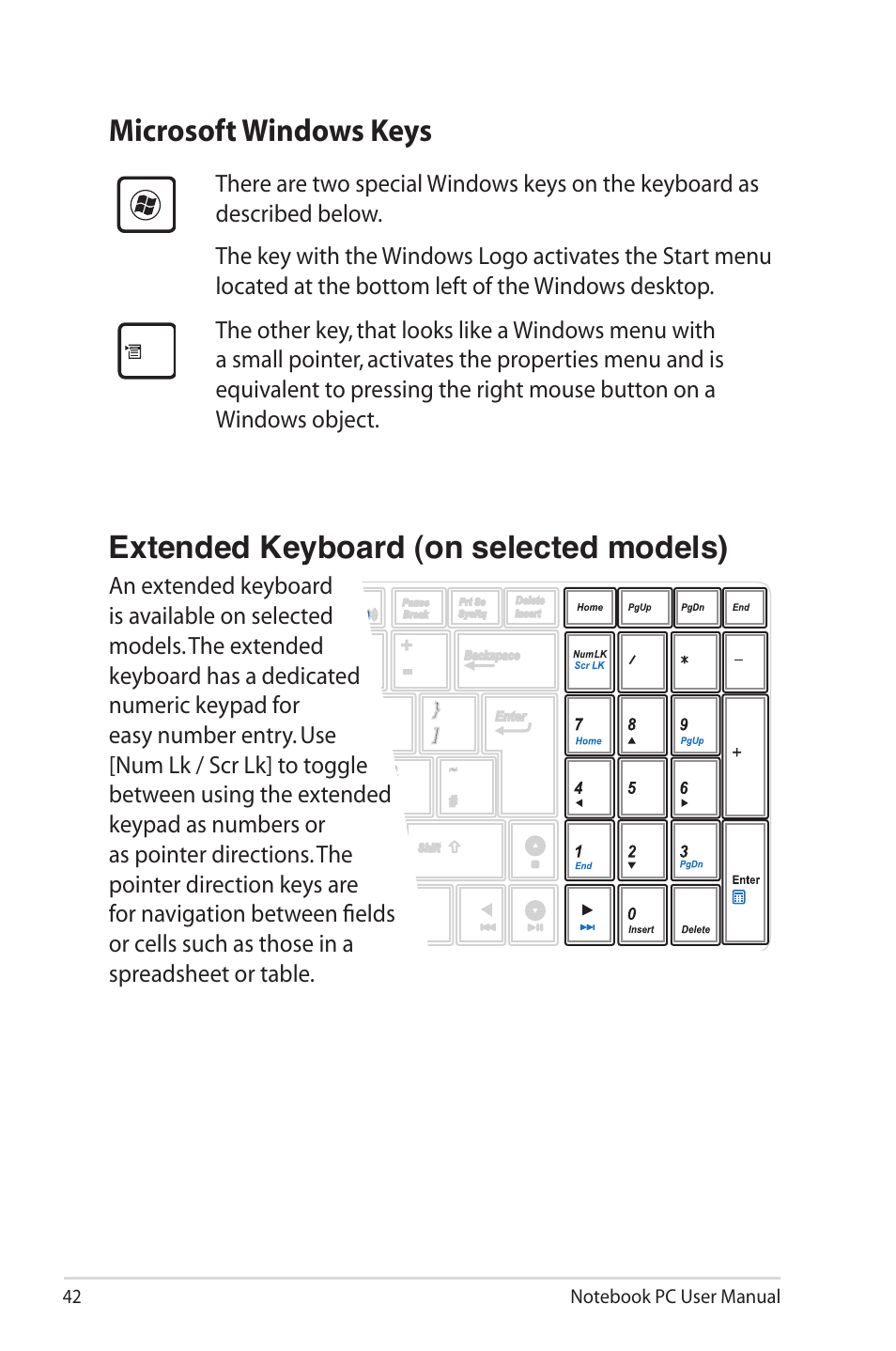 Microsoft windows keys, Extended keyboard (on selected models) | Asus X45A User Manual | Page 42 / 116