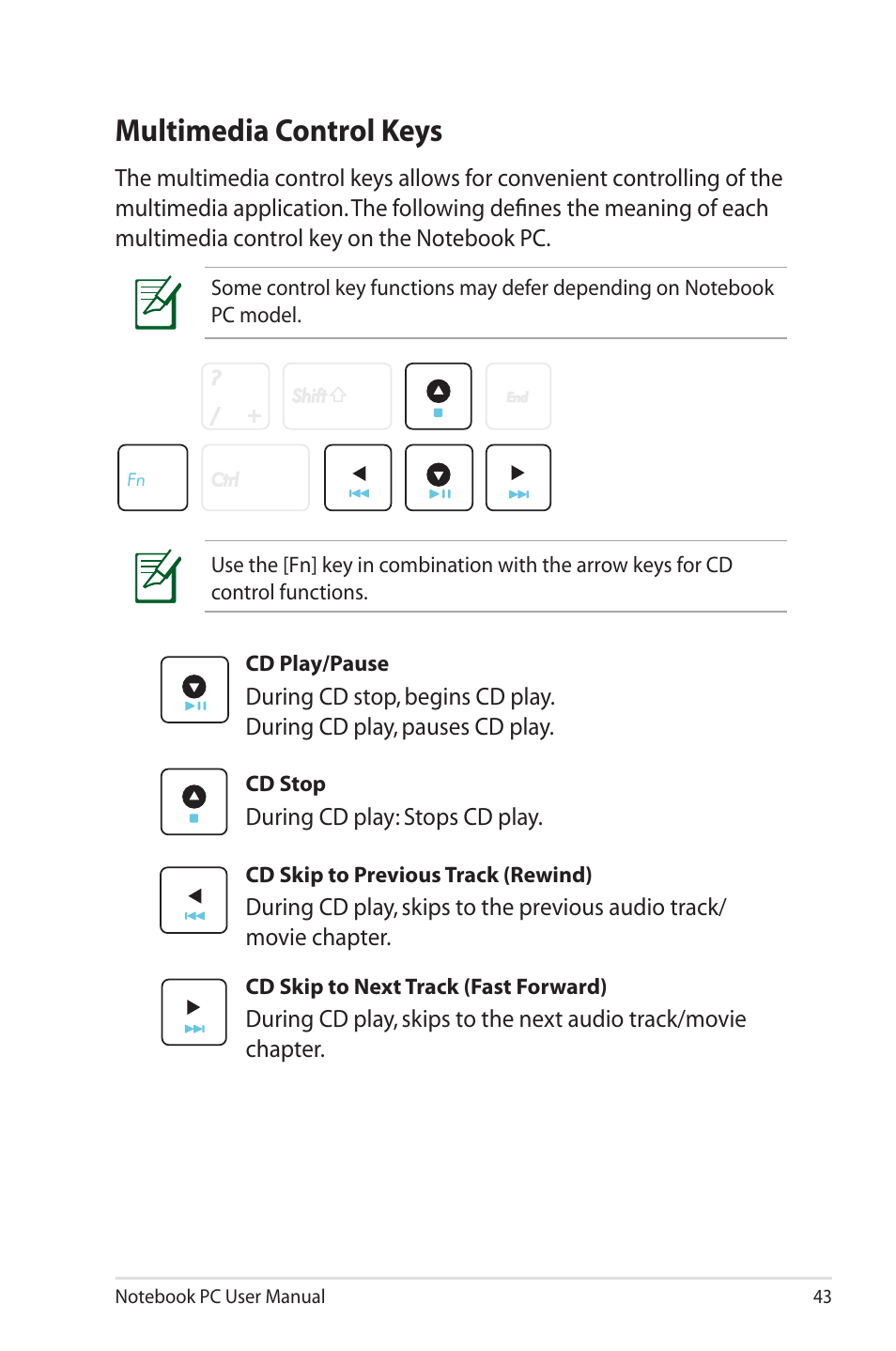 Multimedia control keys | Asus X45A User Manual | Page 43 / 116