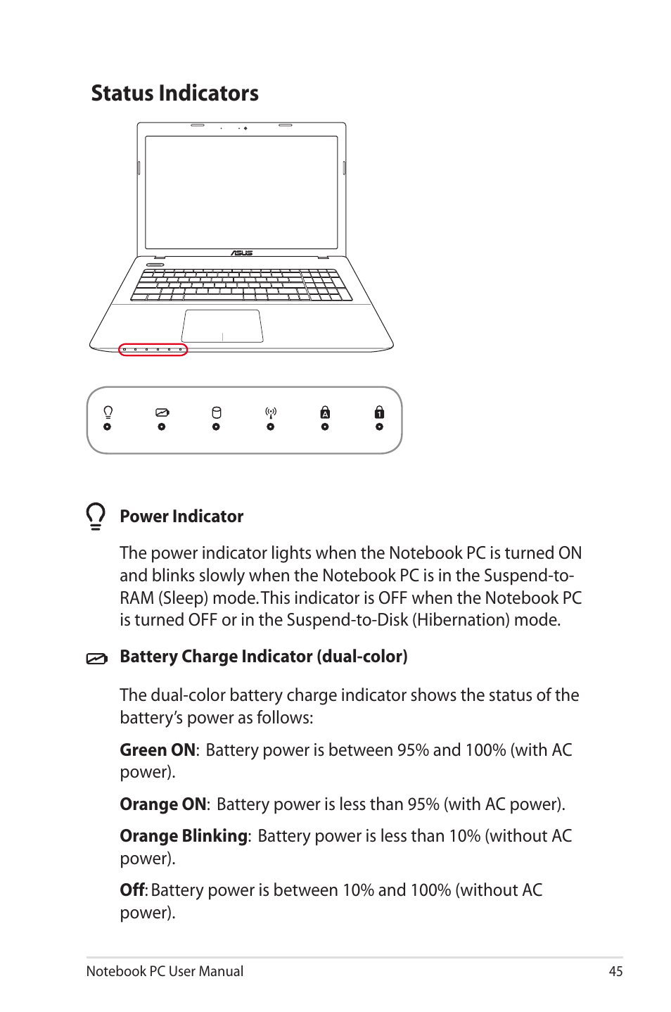 Status indicators | Asus X45A User Manual | Page 45 / 116