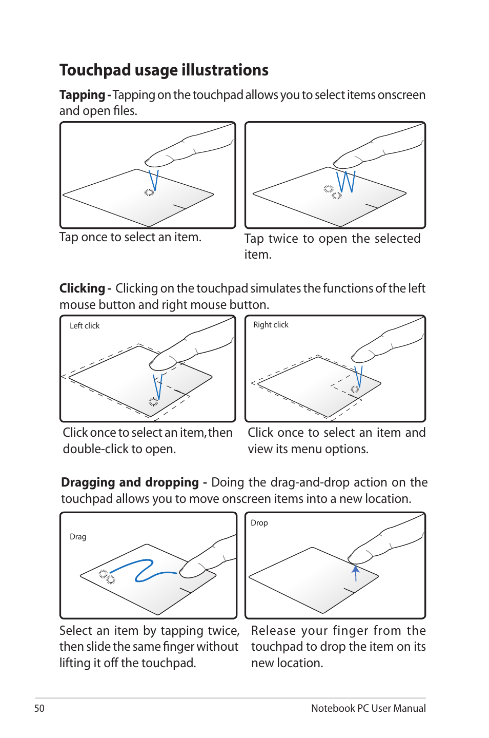 Touchpad usage illustrations | Asus X45A User Manual | Page 50 / 116