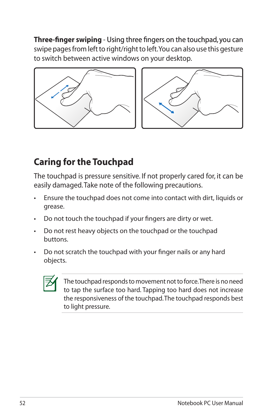 Caring for the touchpad | Asus X45A User Manual | Page 52 / 116