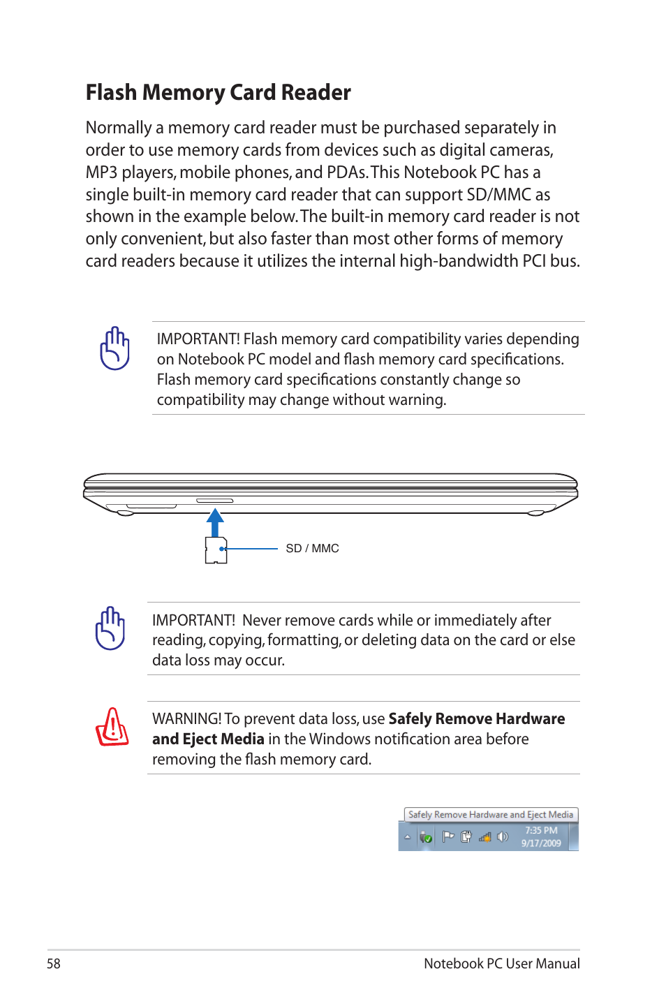 Flash memory card reader | Asus X45A User Manual | Page 58 / 116