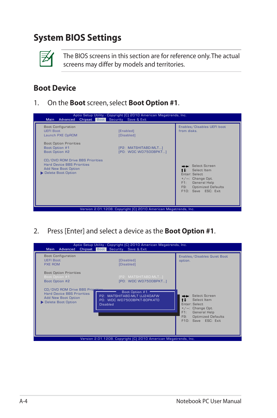 System bios settings, Boot device, On the boot screen, select boot option #1 | Asus X45A User Manual | Page 76 / 116
