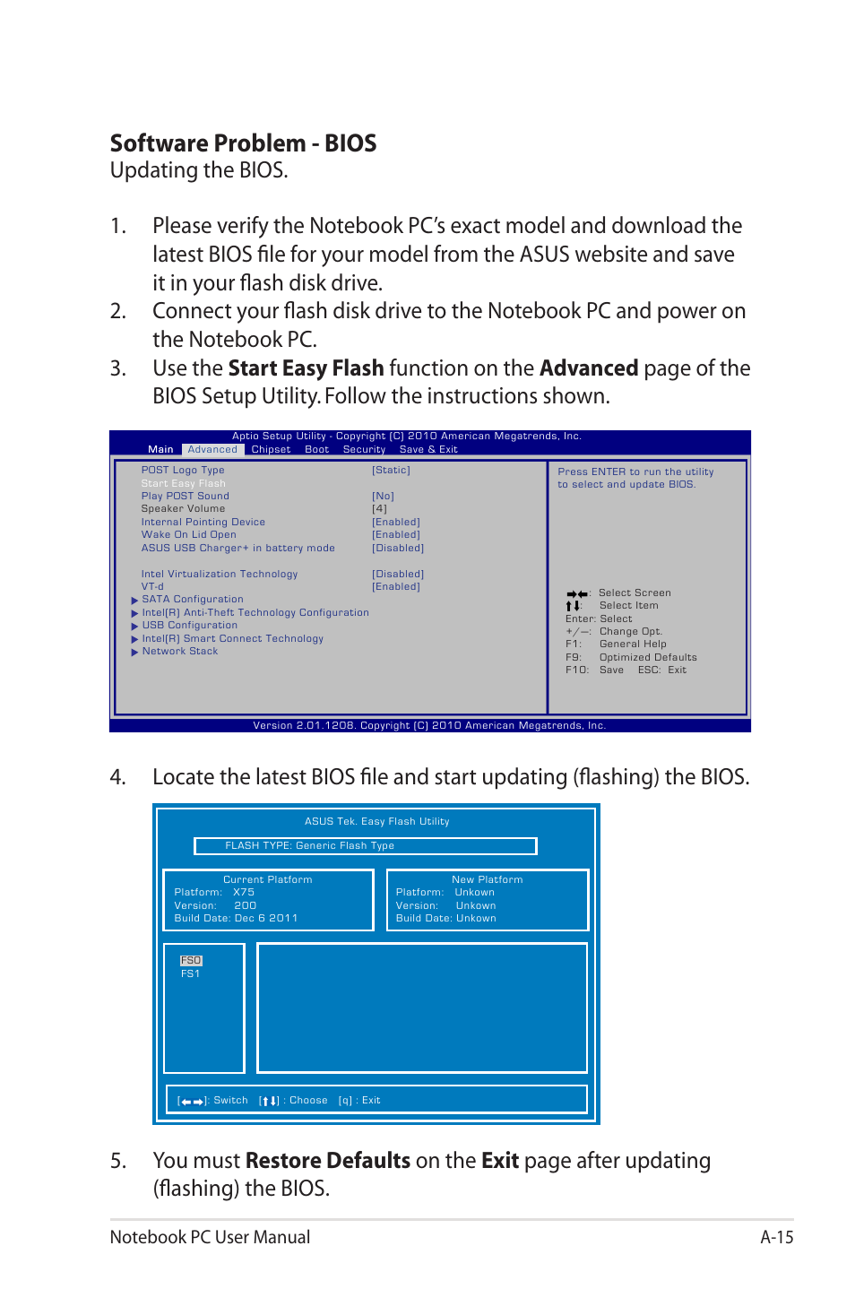 Software problem - bios | Asus X45A User Manual | Page 87 / 116