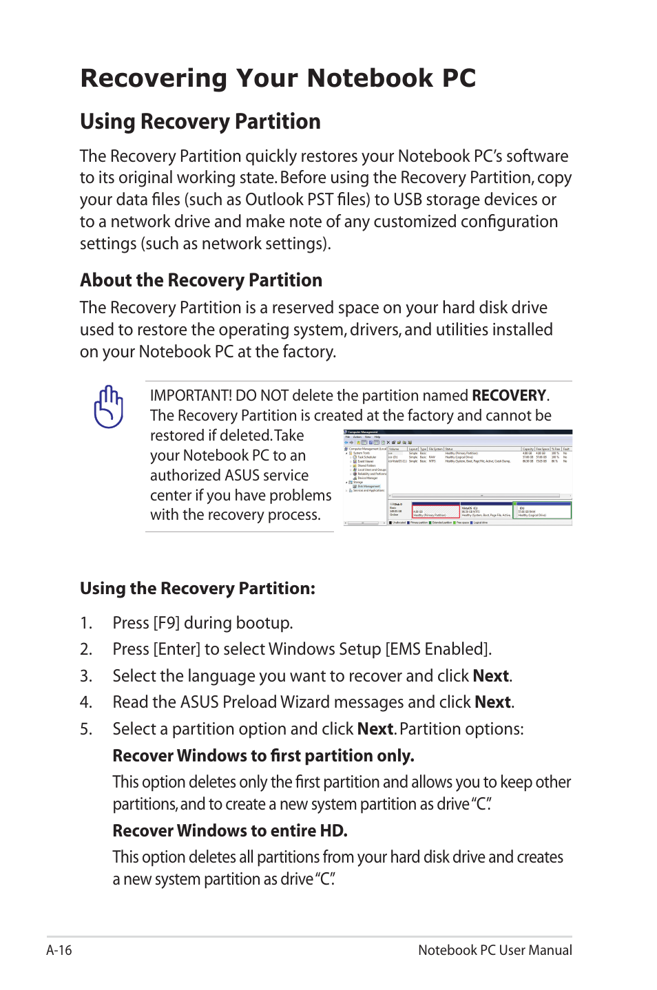 Recovering your notebook pc, Using recovery partition | Asus X45A User Manual | Page 88 / 116