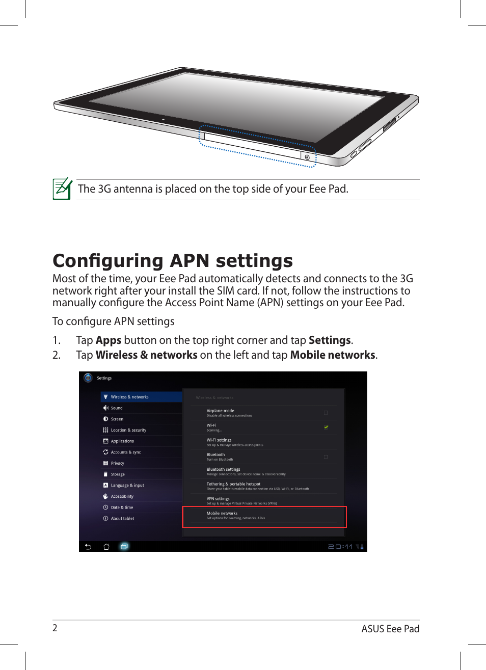 Configuring apn settings | Asus Eee Pad Transformer TF101G User Manual | Page 2 / 8