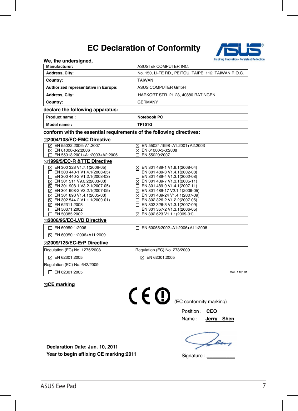 Ec declaration of conformity, Asus eee pad | Asus Eee Pad Transformer TF101G User Manual | Page 7 / 8