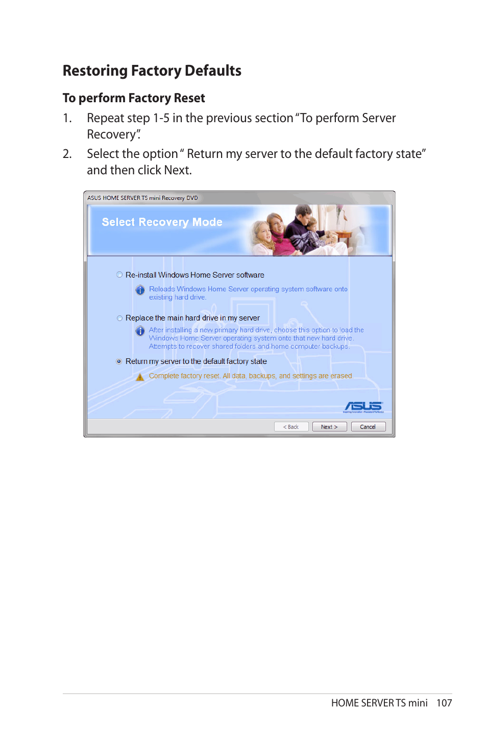 Restoring factory defaults, Restoring.factory.defaults | Asus TS Mini User Manual | Page 107 / 114