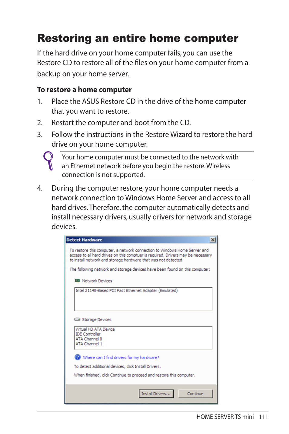 Restoring an entire home computer | Asus TS Mini User Manual | Page 111 / 114