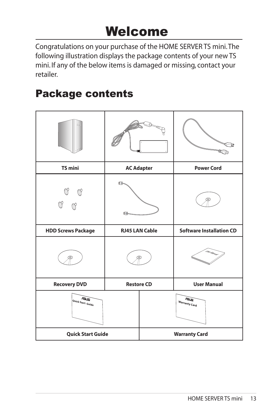 Welcome, Package contents | Asus TS Mini User Manual | Page 13 / 114