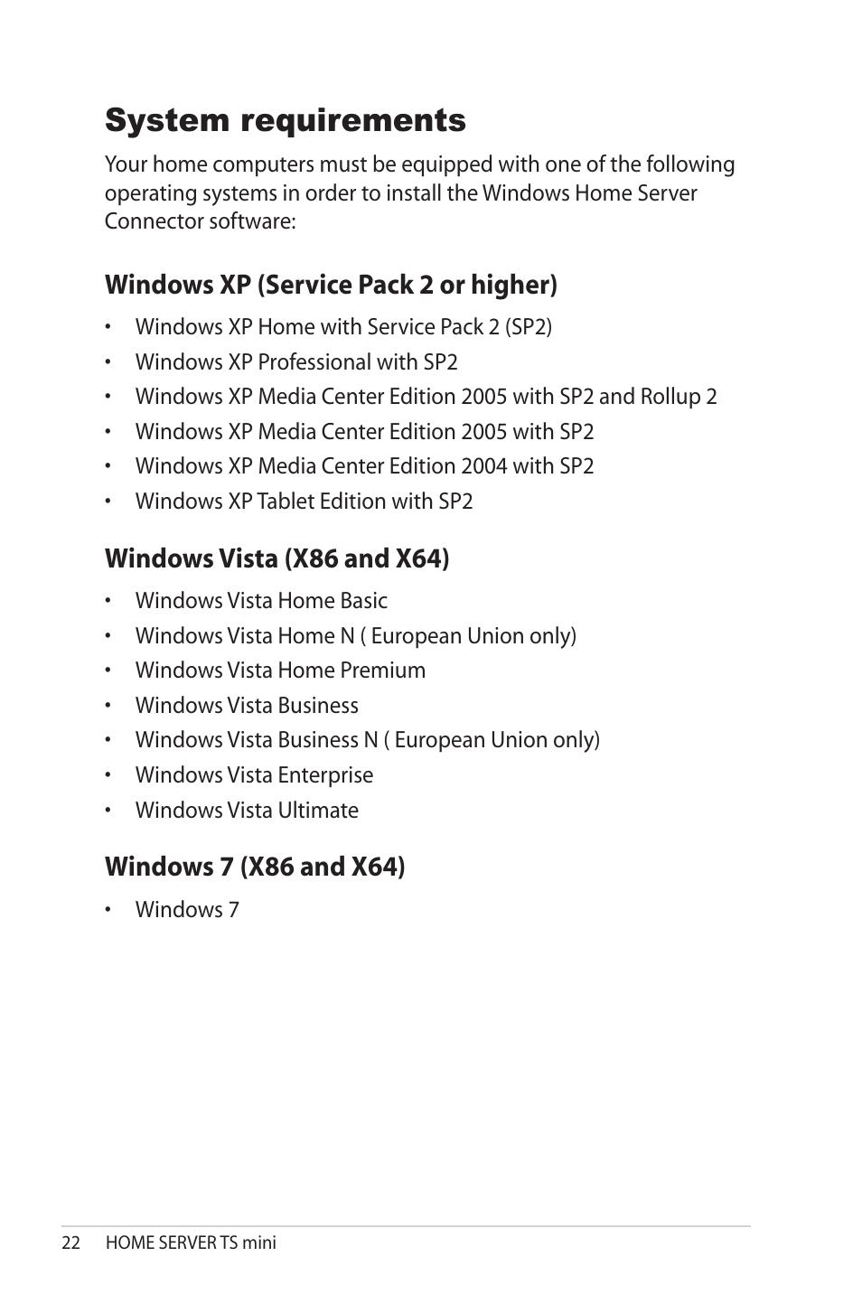 System requirements, Windows.xp.(service.pack.2.or.higher), Windows.vista.(x86.and.x64) | Asus TS Mini User Manual | Page 22 / 114