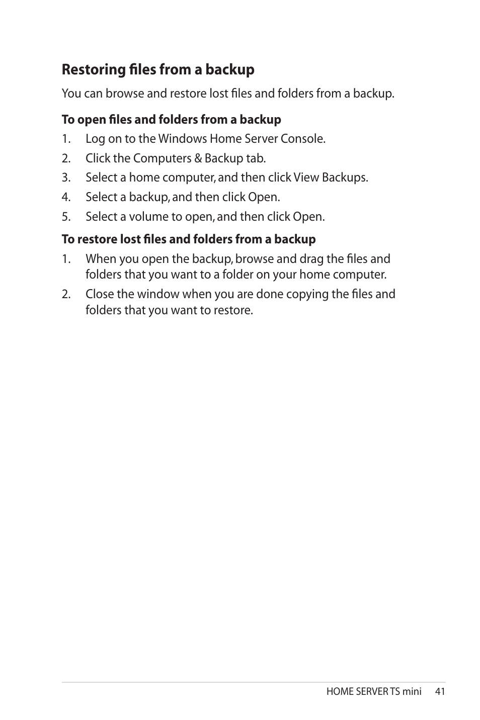 Restoring files from a backup, Restoring.files.from.a.backup | Asus TS Mini User Manual | Page 41 / 114