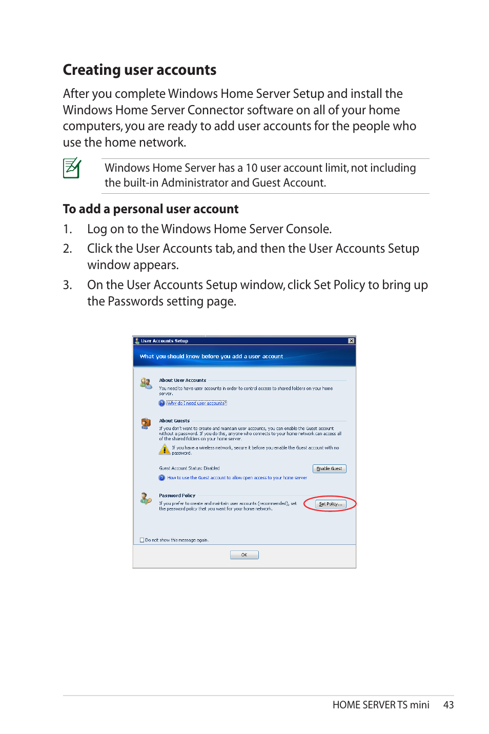 Creating user accounts | Asus TS Mini User Manual | Page 43 / 114