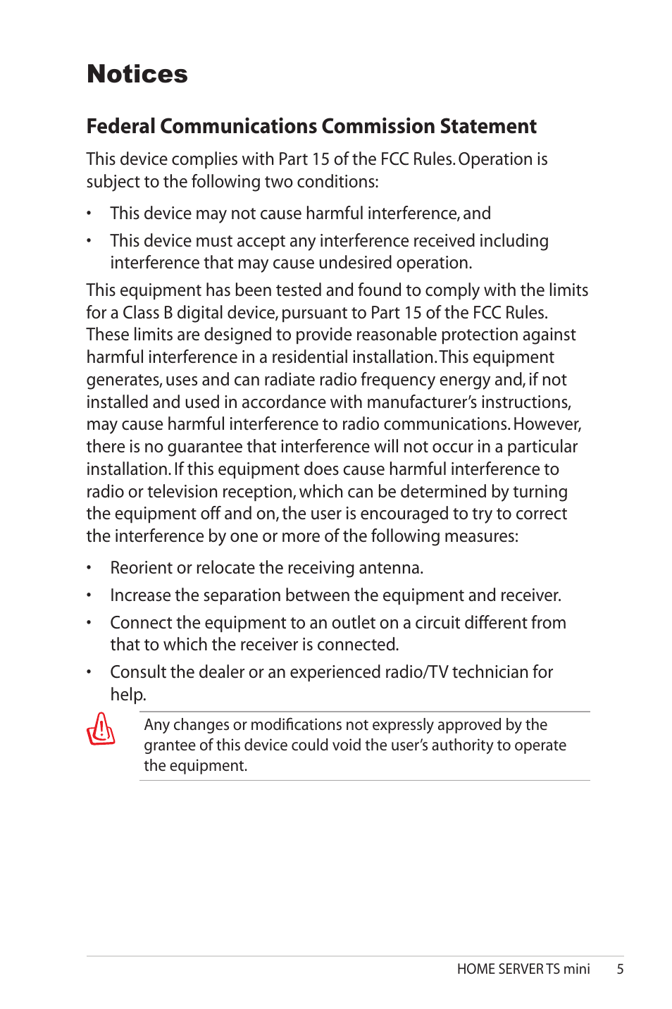 Notices, Federal communications commission statement | Asus TS Mini User Manual | Page 5 / 114